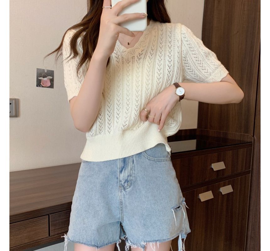 Short-Sleeve V-Neck Crochet Knit Top