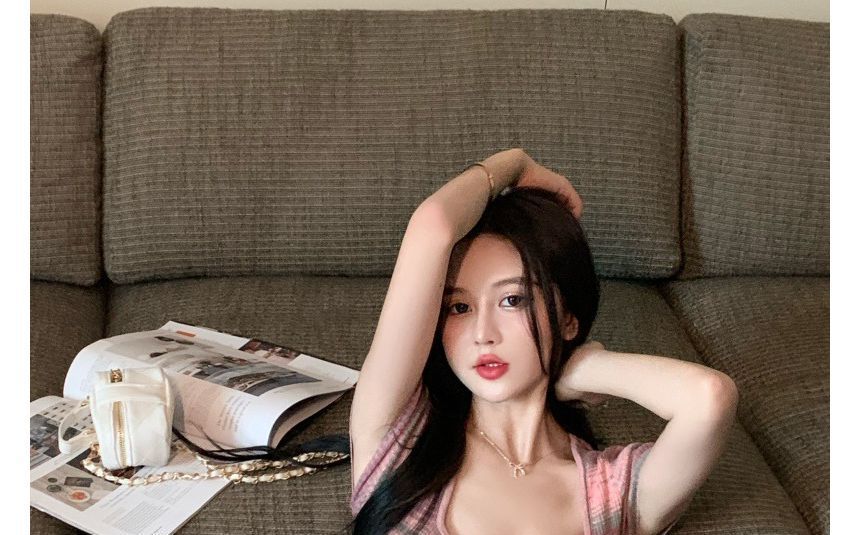 Dress Square-Neck Mini Striped Slim-Fit Short-Sleeve