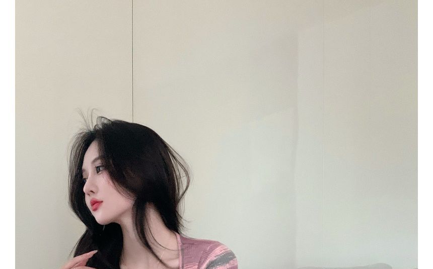 Dress Square-Neck Mini Striped Slim-Fit Short-Sleeve