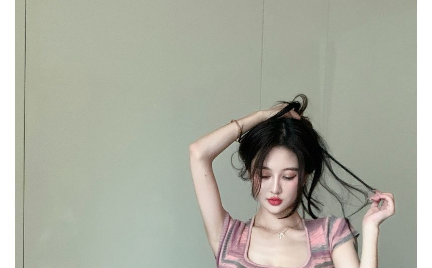 Dress Square-Neck Mini Striped Slim-Fit Short-Sleeve