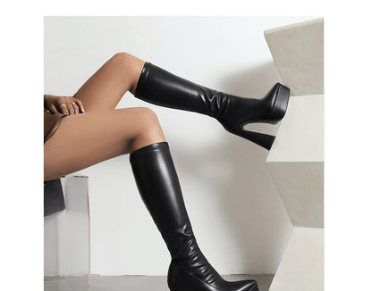 Pointed Toe Platform Panel High Heel Knee High Boots