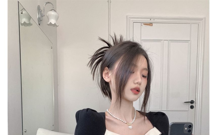 Square-Neck Top Knit Puff-Sleeve Slim-Fit