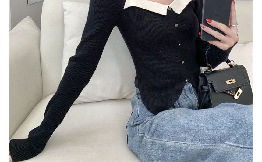 Square-Neck Top Knit Puff-Sleeve Slim-Fit