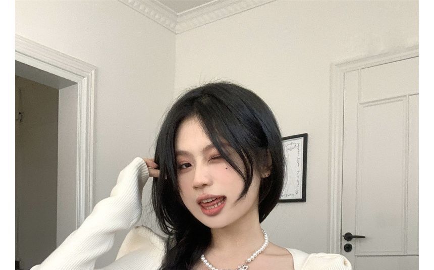 Square-Neck Top Knit Puff-Sleeve Slim-Fit