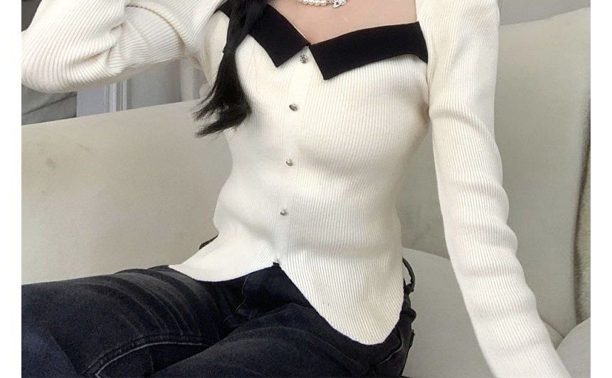 Square-Neck Top Knit Puff-Sleeve Slim-Fit