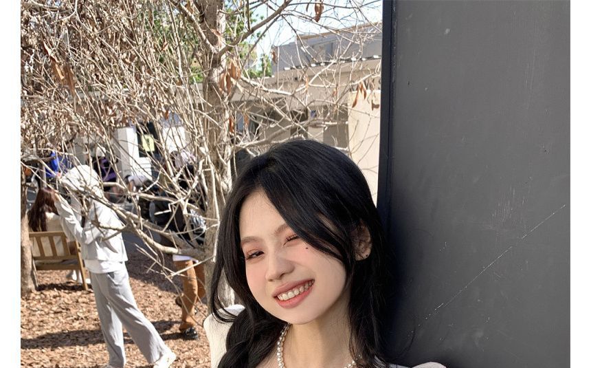 Square-Neck Top Knit Puff-Sleeve Slim-Fit