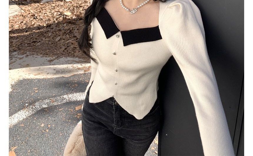 Square-Neck Top Knit Puff-Sleeve Slim-Fit
