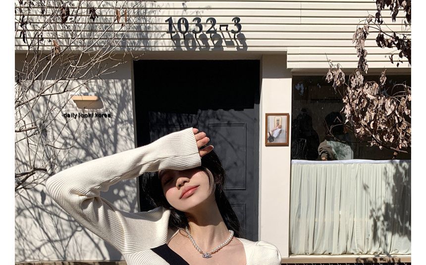 Square-Neck Top Knit Puff-Sleeve Slim-Fit