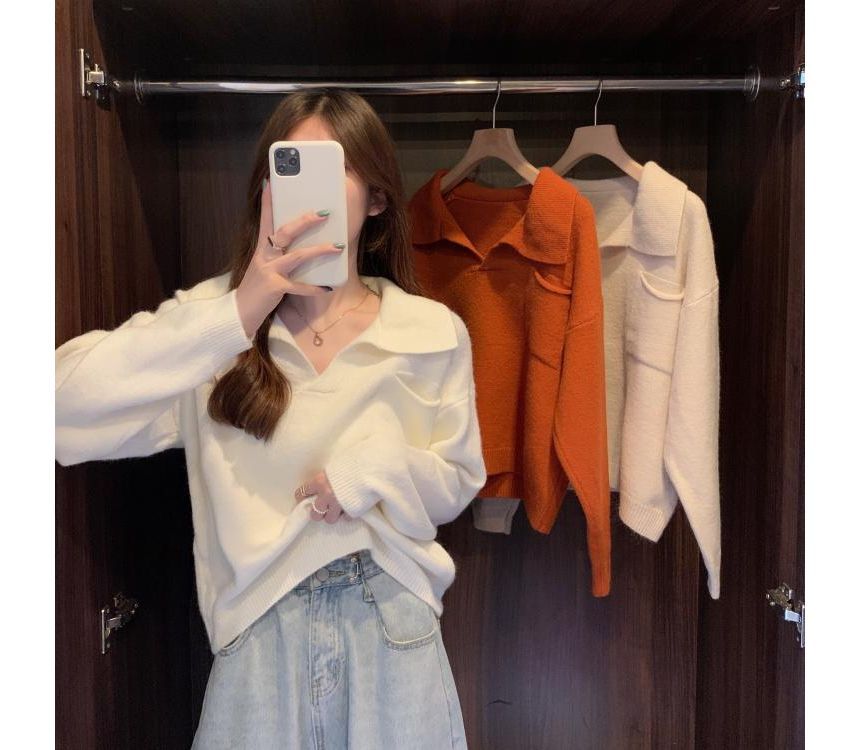 Loose-Fit Sweater V-Neck Plain