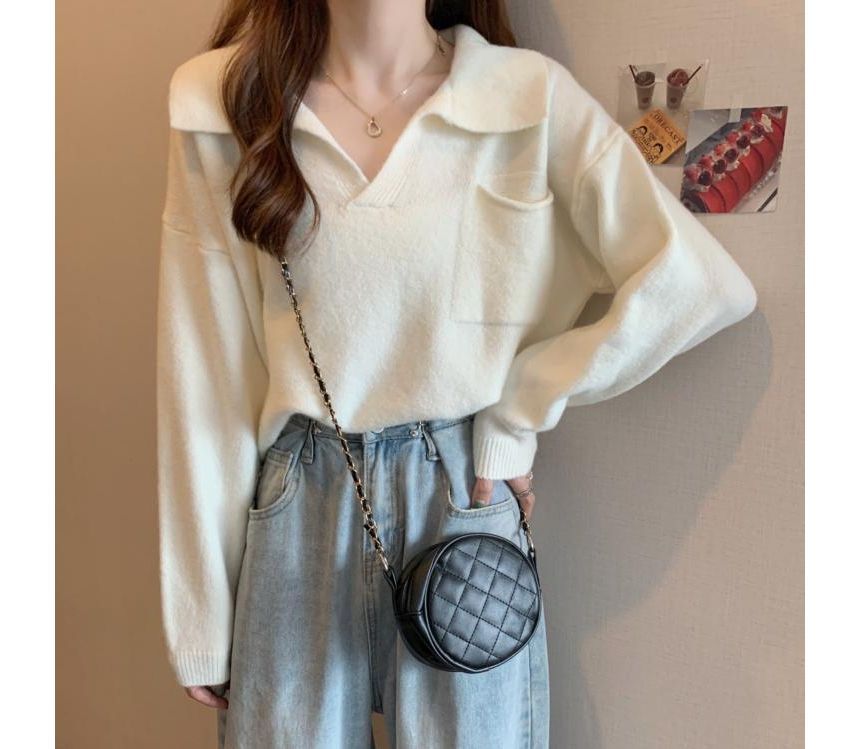 Loose-Fit Sweater V-Neck Plain