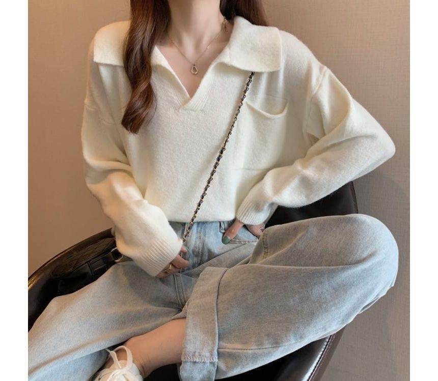 Loose-Fit Sweater V-Neck Plain