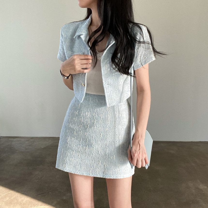 Set: Short-Sleeve Collar Tweed Crop Button-Up Jacket + High Rise Mini A-Line Skirt