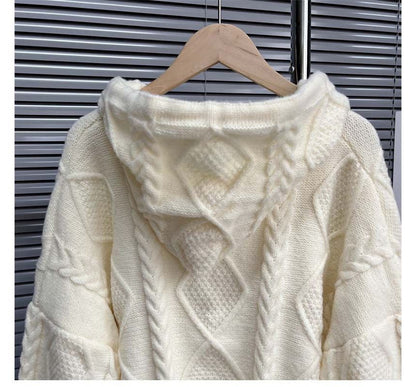 Plain Hooded Cable Knit Toggle Cardigan