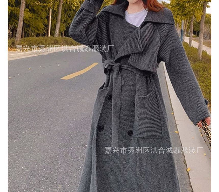 Plain Midi Knit Double-Breasted Trench Coat