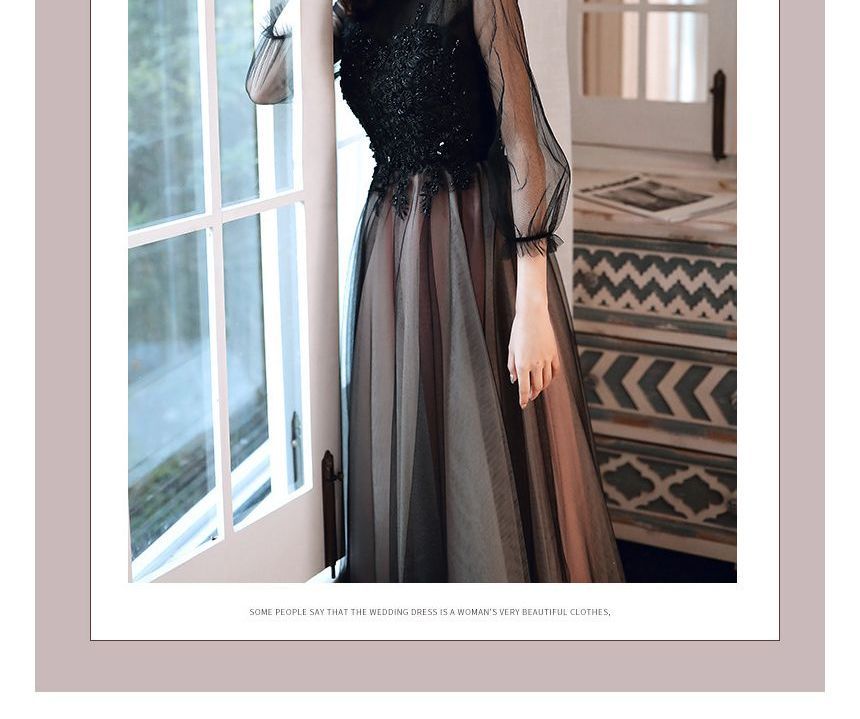 Cocktail Neck Beaded / Mock A-Line Embroidered Dress Flower Puff-Sleeve Gown Midi Evening