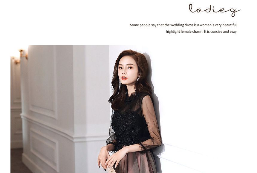 Cocktail Neck Beaded / Mock A-Line Embroidered Dress Flower Puff-Sleeve Gown Midi Evening