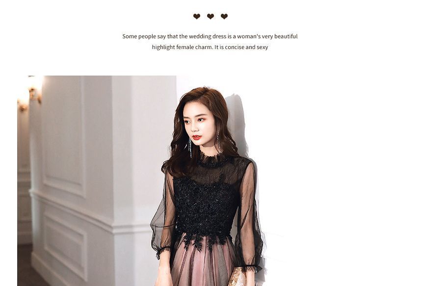 Cocktail Neck Beaded / Mock A-Line Embroidered Dress Flower Puff-Sleeve Gown Midi Evening