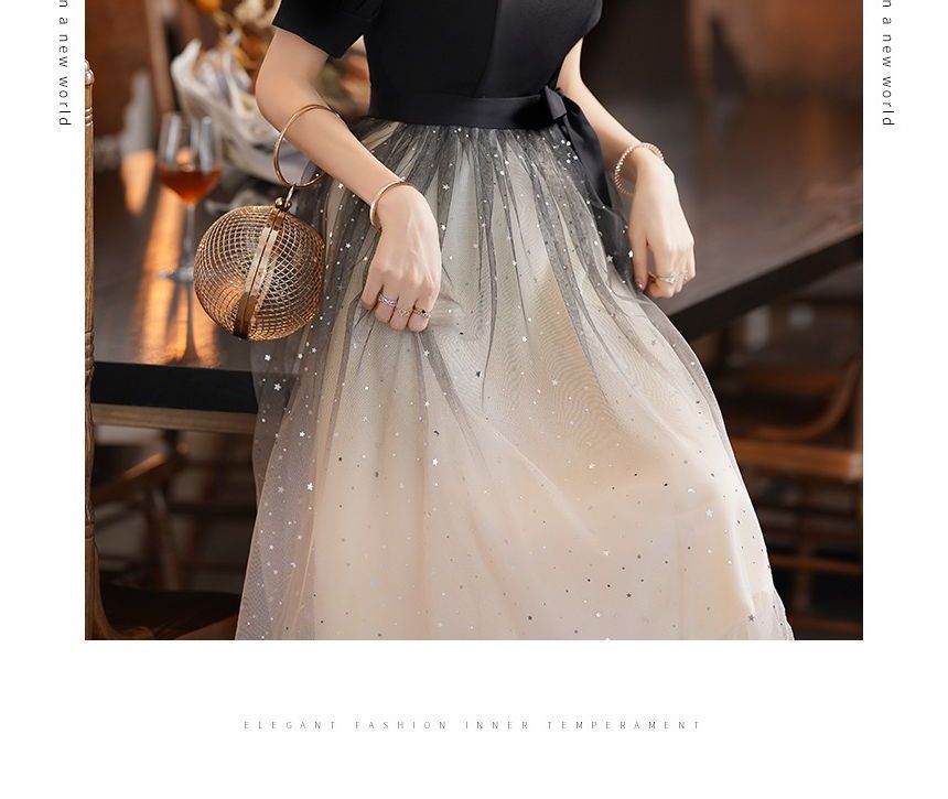 Evening Two Gown Tone Puff-Sleeve Cocktail Sequin A-Line Dress /