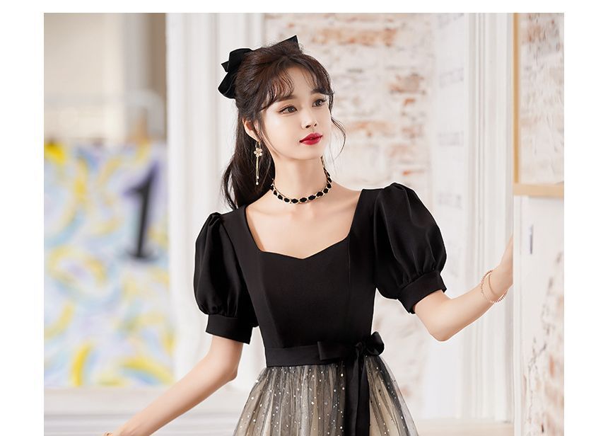 Puff-Sleeve Two Tone Sequin A-Line Cocktail Dress / Evening Gown