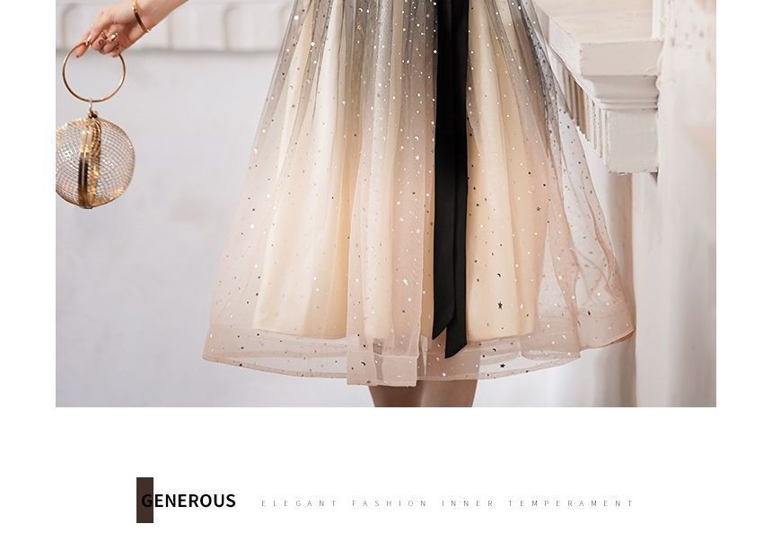 Evening Two Gown Tone Puff-Sleeve Cocktail Sequin A-Line Dress /