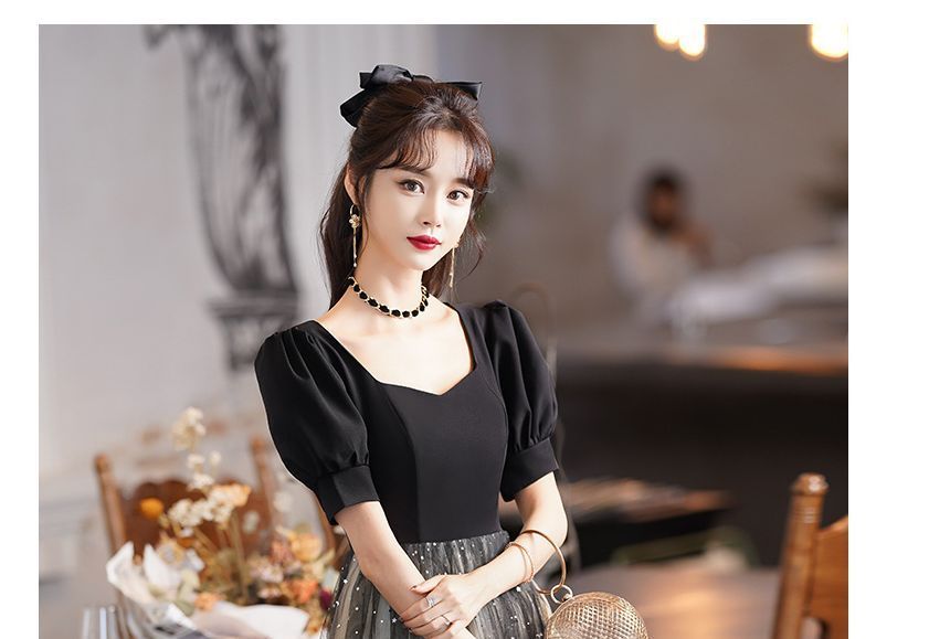 Puff-Sleeve Two Tone Sequin A-Line Cocktail Dress / Evening Gown