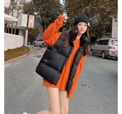 Stand Collar Plain Puffer Vest