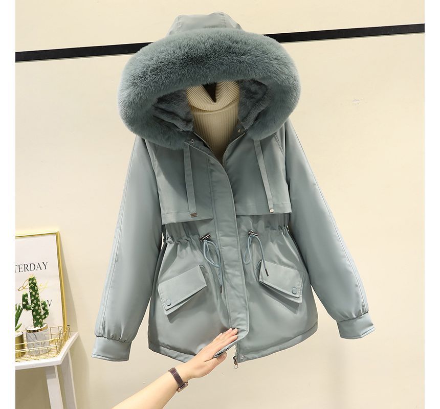 Fluffy Hooded Plain Puffer Jacket