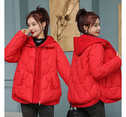 Mock Two-Piece Quilted Hooded Zip Jacket