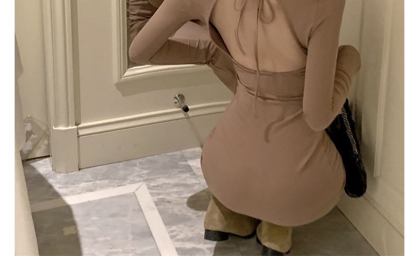 Back Dress Sheath Mini Open Neck Plain Long-Sleeve Crew