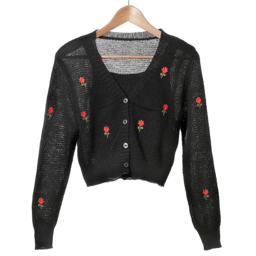 Floral Knit Set: Tank + Embroidered Neck Top Square Cardigan Crop
