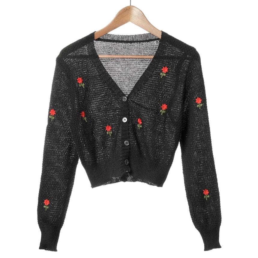 Floral Knit Set: Tank + Embroidered Neck Top Square Cardigan Crop