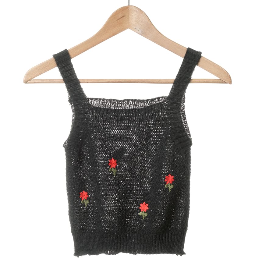 Floral Knit Set: Tank + Embroidered Neck Top Square Cardigan Crop
