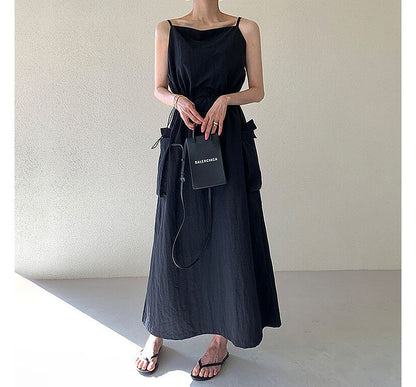 Spaghetti Strap Plain Drawstring Maxi Sundress