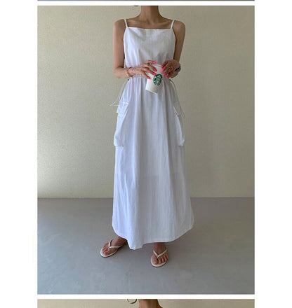 Spaghetti Strap Plain Drawstring Maxi Sundress