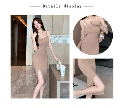 Set: Spaghetti Strap Plain Slit Midi Sheath Dress + Bolero