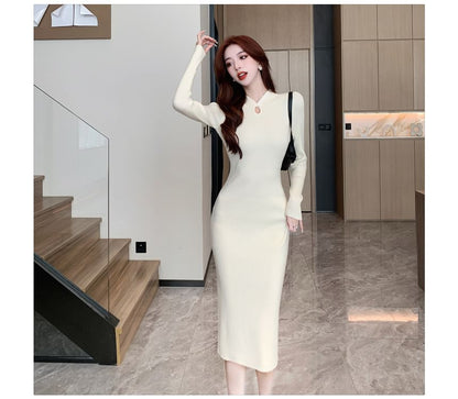 Long-Sleeve Stand Collar Plain Keyhole Ribbed Knit Midi Sheath Dress