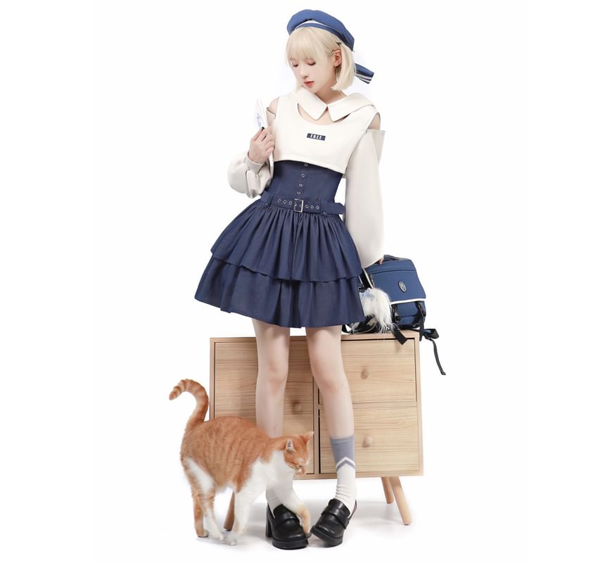 Robe courte trapèze sans manches Lolita à épaules dénudées et à lettrage