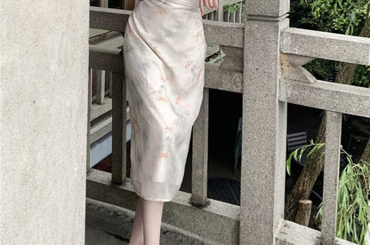 Halter Neck Floral Midi Qipao / Long Light Jacket / Set