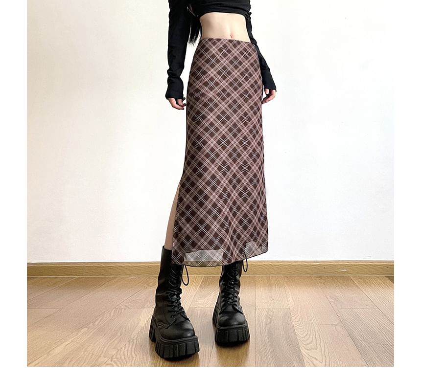 Skirt Mid Plaid Waist A-Line Midi