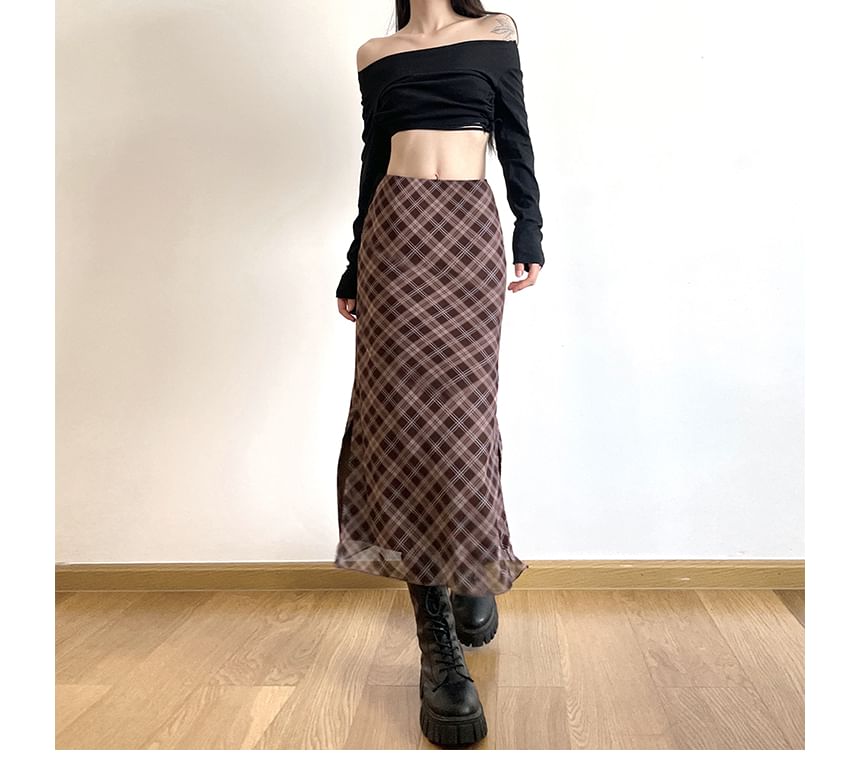 Skirt Mid Plaid Waist A-Line Midi