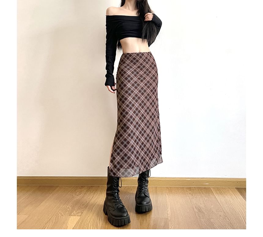 Skirt Mid Plaid Waist A-Line Midi