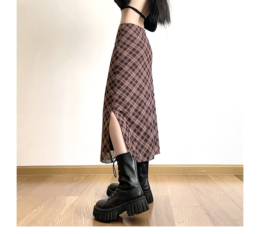 Skirt Mid Plaid Waist A-Line Midi