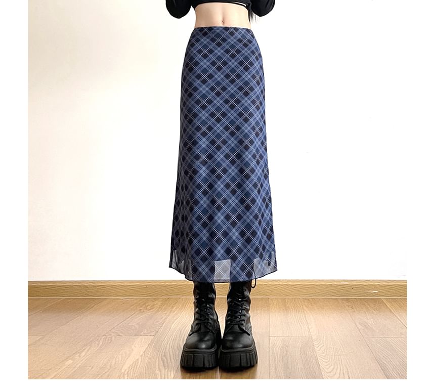 Skirt Mid Plaid Waist A-Line Midi