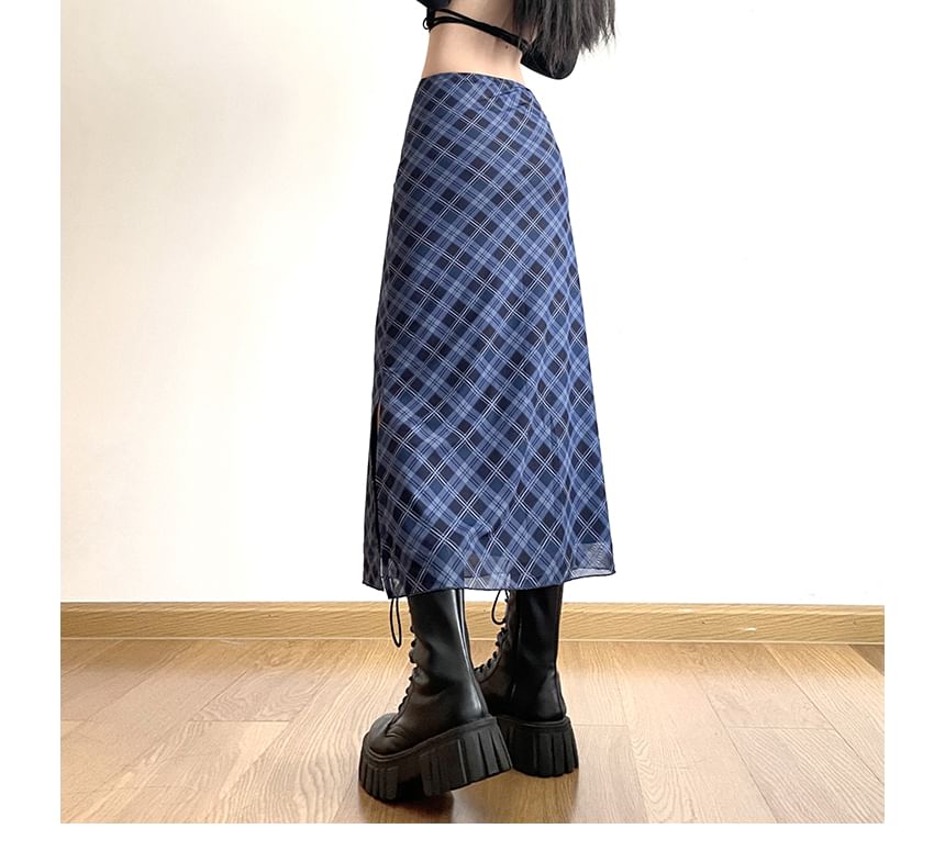 Skirt Mid Plaid Waist A-Line Midi