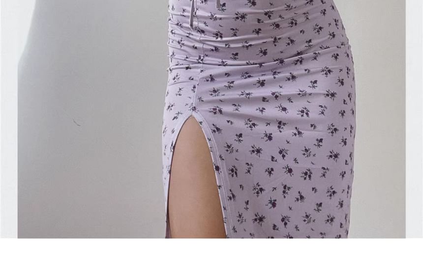 Bodycon Spaghetti Midi Dress Ruched Floral Print Neck Strap Scoop