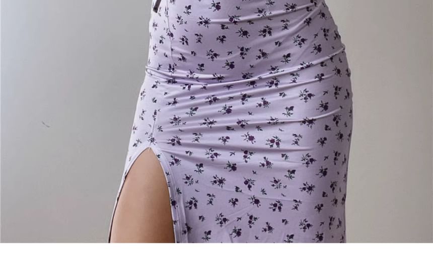 Bodycon Spaghetti Midi Dress Ruched Floral Print Neck Strap Scoop