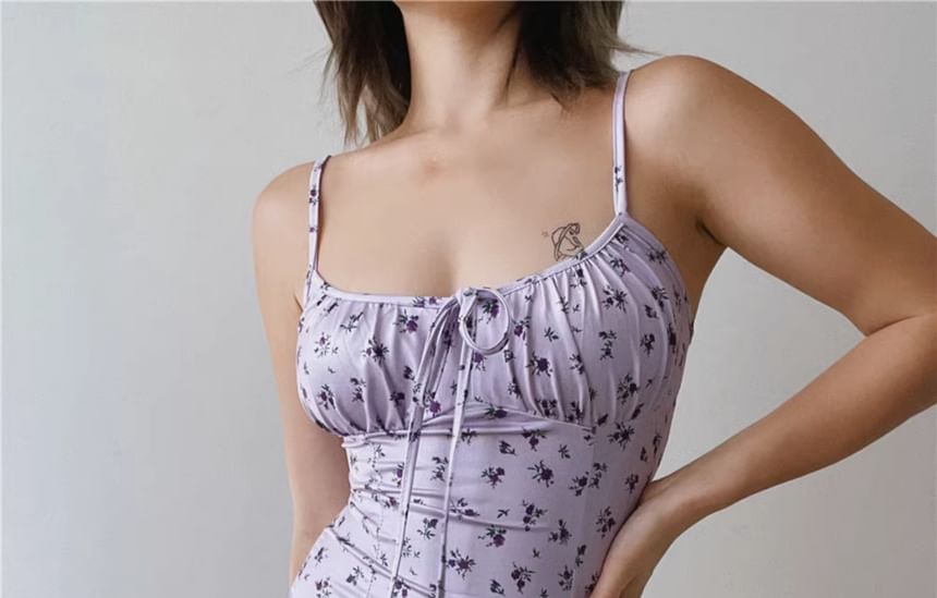 Bodycon Spaghetti Midi Dress Ruched Floral Print Neck Strap Scoop