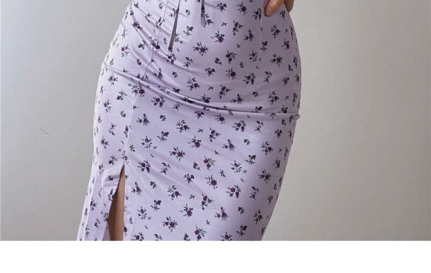 Bodycon Spaghetti Midi Dress Ruched Floral Print Neck Strap Scoop