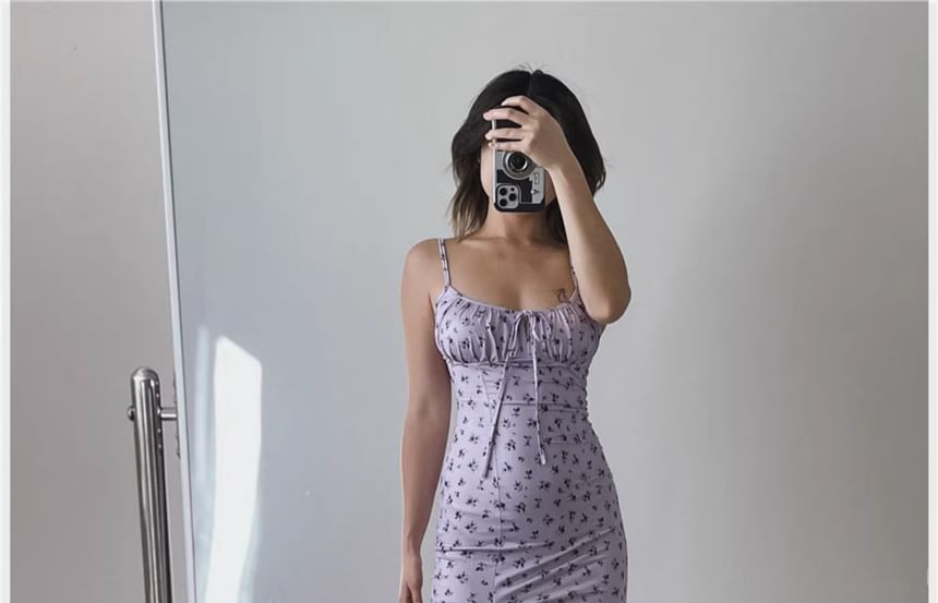 Bodycon Spaghetti Midi Dress Ruched Floral Print Neck Strap Scoop