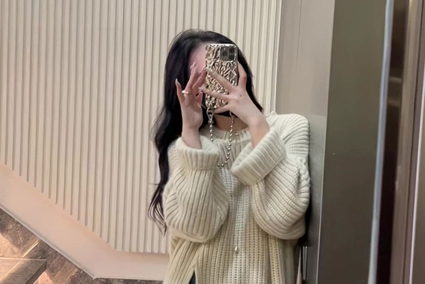 Sweater Dress Plain Crew Slit Neck Midi